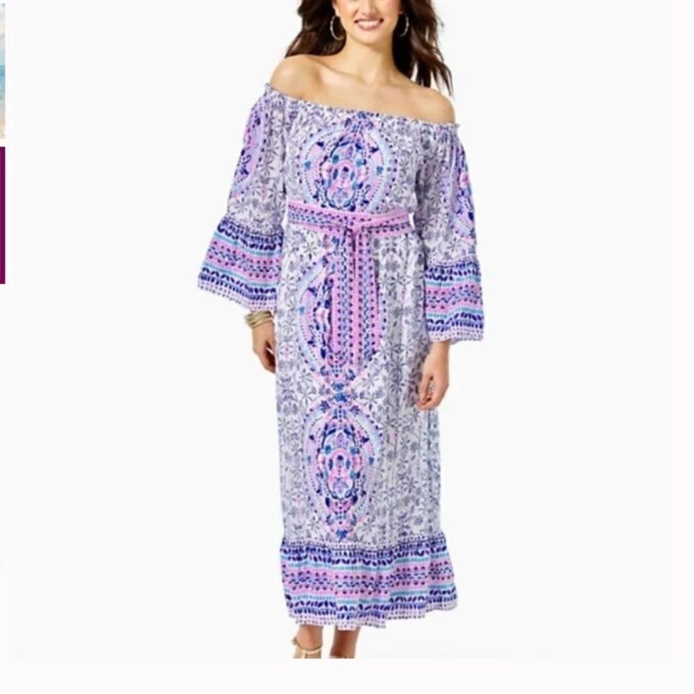 NEW Lilly Pulitzer ABIGALE OFF THE SHOULDER MIDI DRESS White Time To Shine SZ M